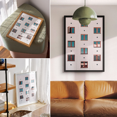 Wandposter Orangefarbene Rahmen, blaue Fenster, weiße Fassade