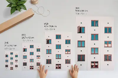 Wandposter orangefarbene Rahmen blaue Fenster und weiße Fassade