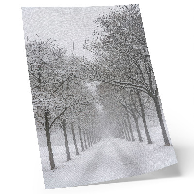 Poster Symmetrische Allee aus Winterbäumen, Schnee, Nebel