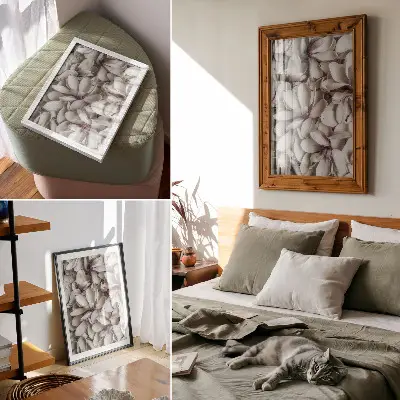 Wandposter mit Motiv aus weißen Blütenblättern in einem violetten Blumenmuster mit Natureffekt
