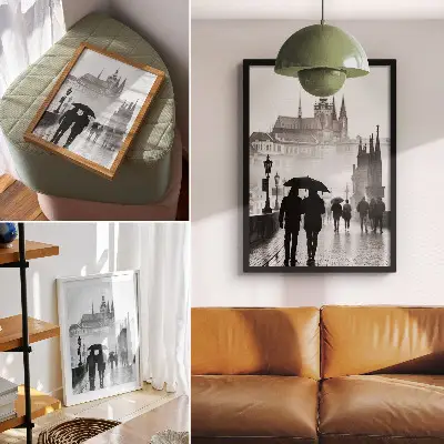 Leinwand-Kunstdruck ein Spaziergang im Regen mit historischer Architektur und einem Paar