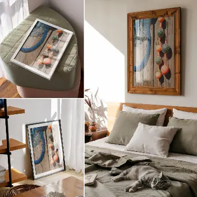 Leinwand-Kunstdruck mit bunten Bojen an einer Holzwand mit maritimen Akzenten