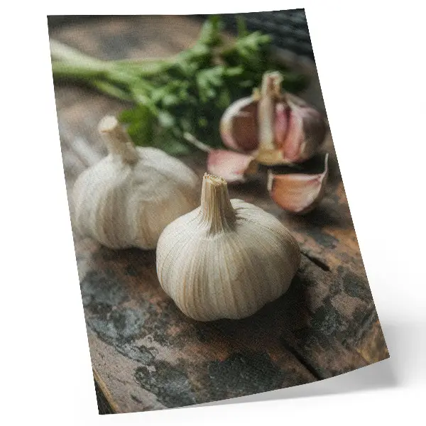 Poster Knoblauch auf Holz mit rustikaler und authentischer Atmosphäre
