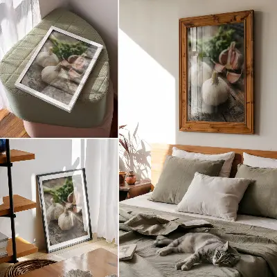 Poster Knoblauch auf Holz mit rustikaler und authentischer Atmosphäre