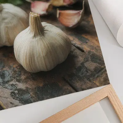 Poster Knoblauch auf Holz mit rustikaler und authentischer Atmosphäre