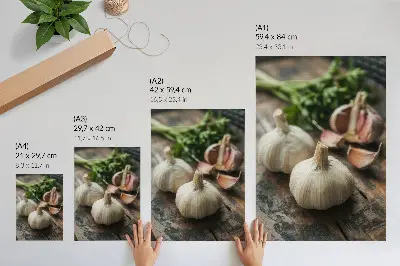 Poster Knoblauch auf Holz mit rustikaler und authentischer Atmosphäre