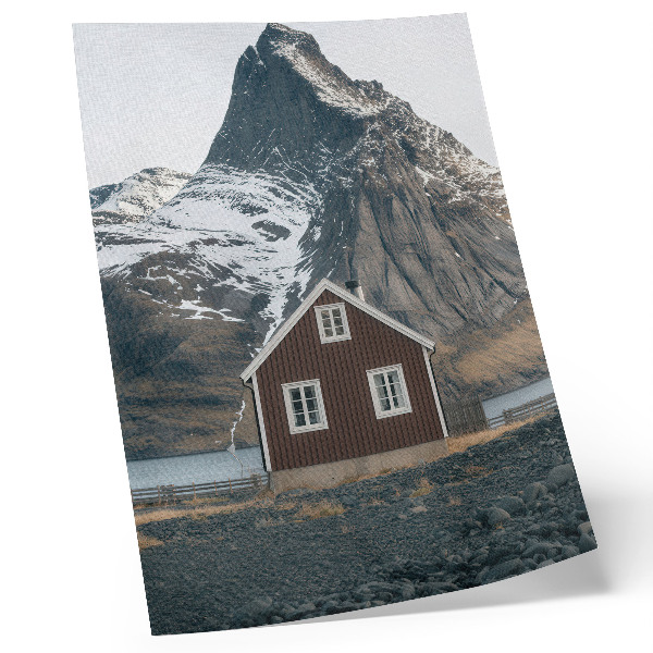 Kunstdruck leinwand Berglandschaft, Holzhaus, schneebedeckte Gipfel
