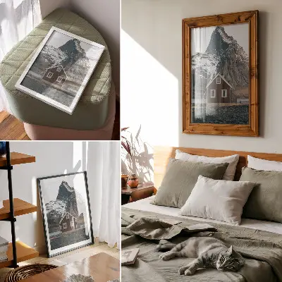 Kunstdruck auf Leinwand Berglandschaft mit Holzhaus und schneebedeckten Gipfeln