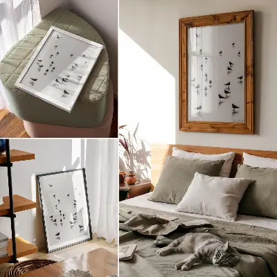 Leinwand Kunstdruck Vögel über dem Wasser mit subtilen Spiegelungen im minimalistischen Stil