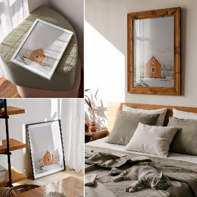 Kunstdruck leinwand Orangefarbenes Haus, schneebedeckte Berge, minimalistischer Rahmen