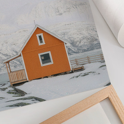 Kunstdruck leinwand Orangefarbenes Haus, schneebedeckte Berge, minimalistischer Rahmen