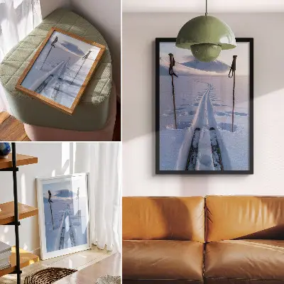Poster mit Motiv Weißer Schneehimmel und Silhouette der Berge