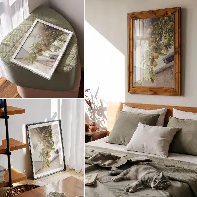 Poster Baumzweig mit sonnengrünen Blättern und orangen Akzenten