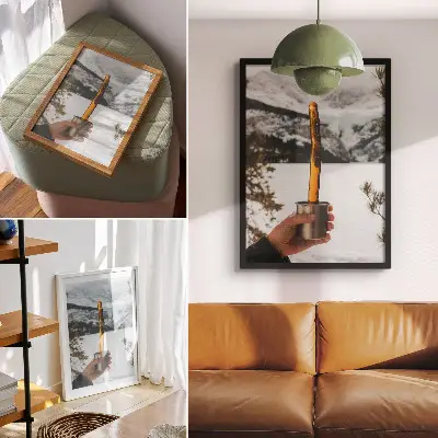 Wandposter mit dem Motiv Becher Hand Bernstein Substanz Berge Schnee