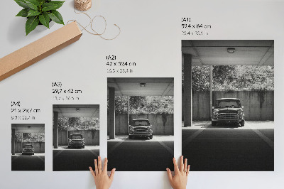 Wandposter Klassischer Wagen in Schwarz-Weiß in der Garage