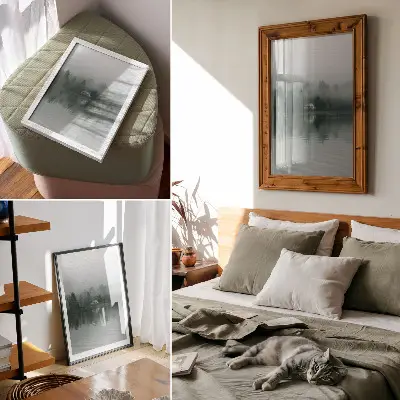 Poster stille Landschaft mit Nebel, Bäumen, Haus und Spiegelung