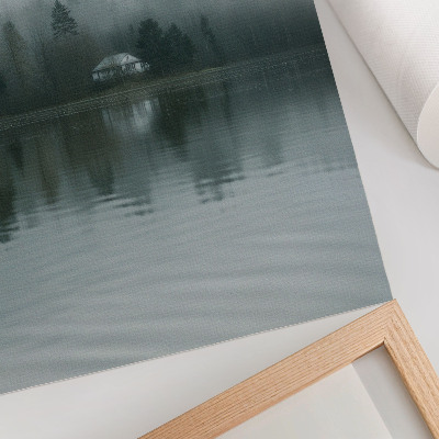 Poster Nebel, Bäume, Haus, Spiegelung, stille Landschaft