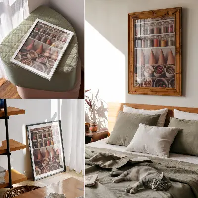 Wandposter mit Gewürzen in Gläsern, Holz und Keramik in warmen Farben