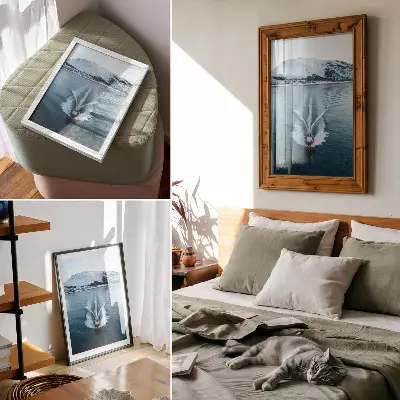 Wandposter dynamische Darstellung eines Motorbootes auf schneebedeckten Bergen und einem See