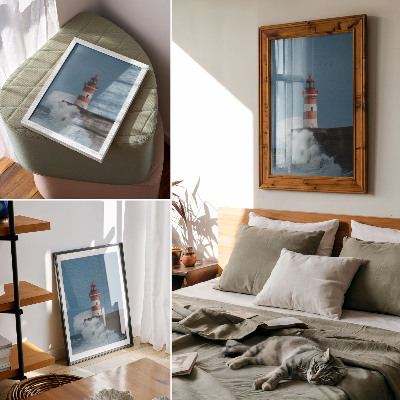 Kunstdruck leinwand Leuchtturm, blauer Himmel, Meereswellen