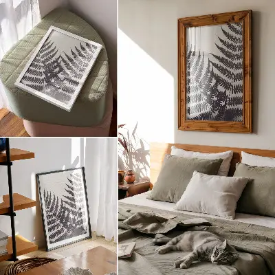 Wandposter mit symmetrischen Blättern auf hellem Hintergrund
