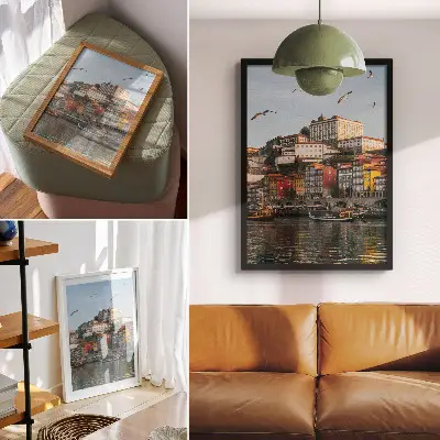 Wandposter mit bunten Mietshäusern, eleganten Schiffen und Möwen