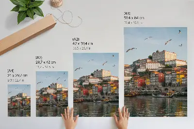 Wandposter mit bunten Mietshäusern, eleganten Schiffen und Möwen