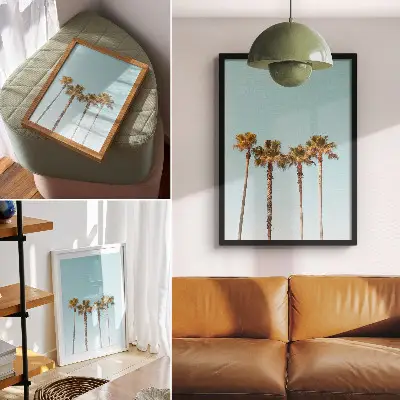 Poster Palmen vor blauem Hintergrund mit motivierender Urlaubsstimmung und Natur