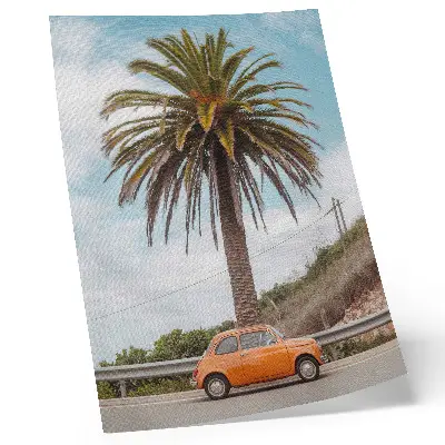 Poster mit Palmenbaum und Retro-Auto im naturverbundenen, sorglosen Stil