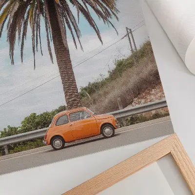 Poster mit Palmenbaum und Retro-Auto im naturverbundenen, sorglosen Stil