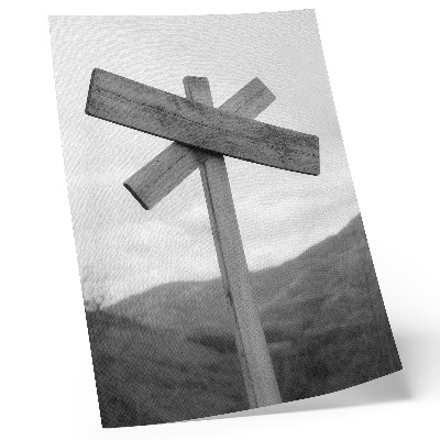 Poster Holzschild mit Berglandschaft im Hintergrund in Schwarzweiß