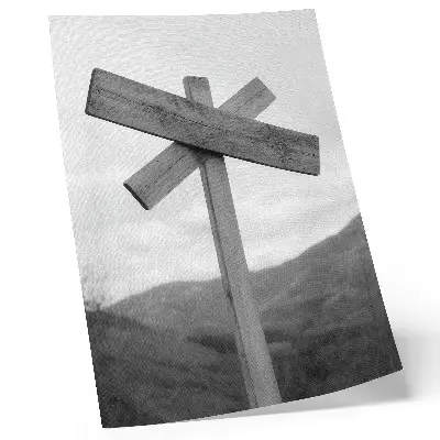 Poster mit Holzschild und Berglandschaft in Schwarzweiß