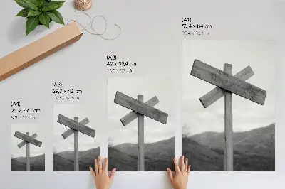 Poster mit Holzschild und Berglandschaft in Schwarzweiß