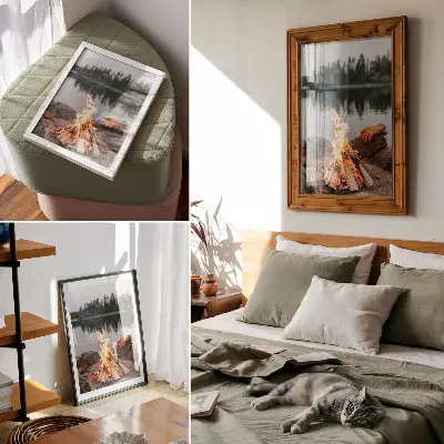 Wandposter mit Motiv von einem Lagerfeuer am See, Waldsteinen und einer naturnahen Erholungslandschaft