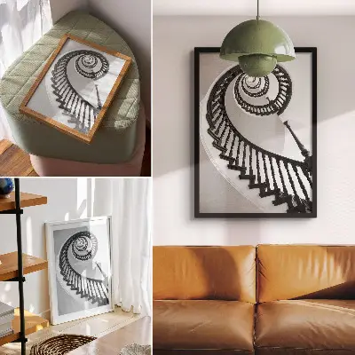 Wandposter Wendeltreppe in schwarz-weißer Eleganz für ein modernes Ambiente