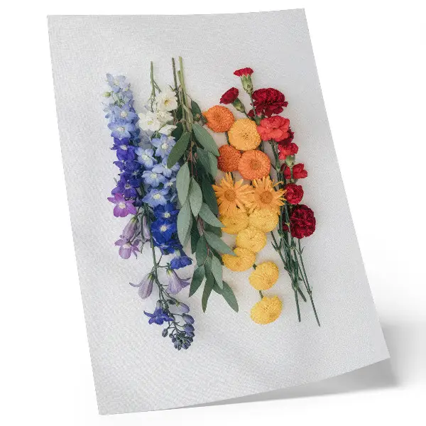 Poster mit Blumen in einer vertikalen Reihe in leuchtenden und harmonischen Naturfarben