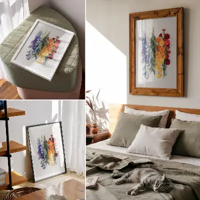 Poster mit Blumen in einer vertikalen Reihe in leuchtenden und harmonischen Naturfarben