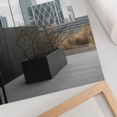 Leinwand Kunstdruck mit modernen Gebäuden und trockenen Ästen