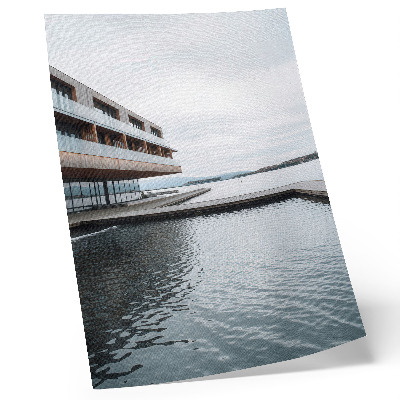 Wandposter Modernes Gebäude am Wasser, Minimalismus, Holz, Glas