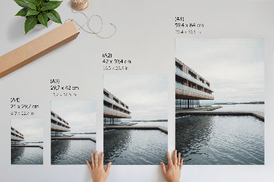 Wandposter Modernes Gebäude am Wasser, Minimalismus, Holz, Glas