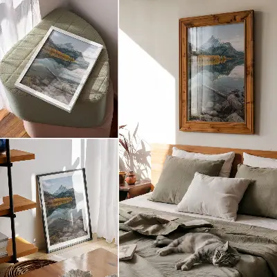Poster mit einer ruhigen Naturlandschaft aus Bergen, See, Bäumen und Spiegelung