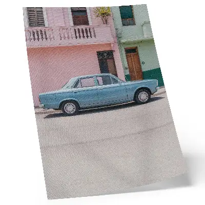 Wandposter klassische Autos vor pastellfarbenen Gebäuden im Retro-Stil