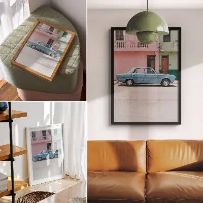 Wandposter klassische Autos vor pastellfarbenen Gebäuden im Retro-Stil