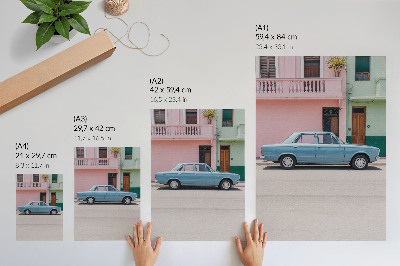 Wandposter Klassische Autos, pastellfarbene Gebäude, Retro-Charme