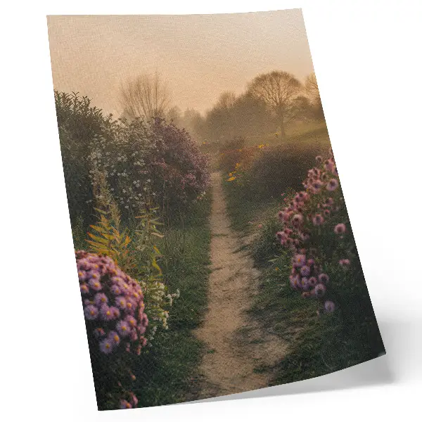 Wandposter mit bezaubernden Gartenwegblumen im Morgennebel