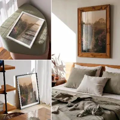 Wandposter mit bezaubernden Gartenwegblumen im Morgennebel