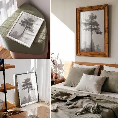 Wandposter schwarzer und weißer Baum im Nebel mit einer Stimmung von einzigartiger Stille