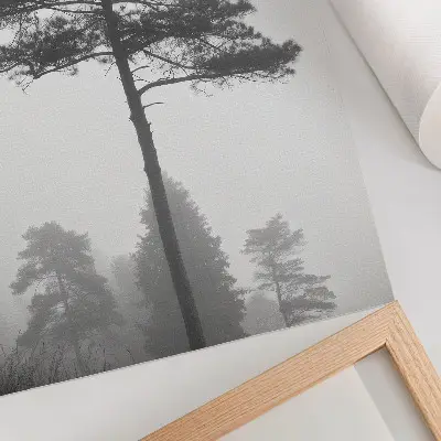 Wandposter schwarzer und weißer Baum im Nebel mit einer Stimmung von einzigartiger Stille