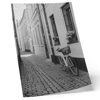 Wandposter mit Motiv von Straße, Mietshäusern, Blumen und Fahrrad in Schwarzweiß