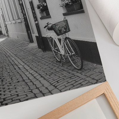 Wandposter Straße, Mietshäuser, Blumen, Fahrrad, Schwarzweiß
